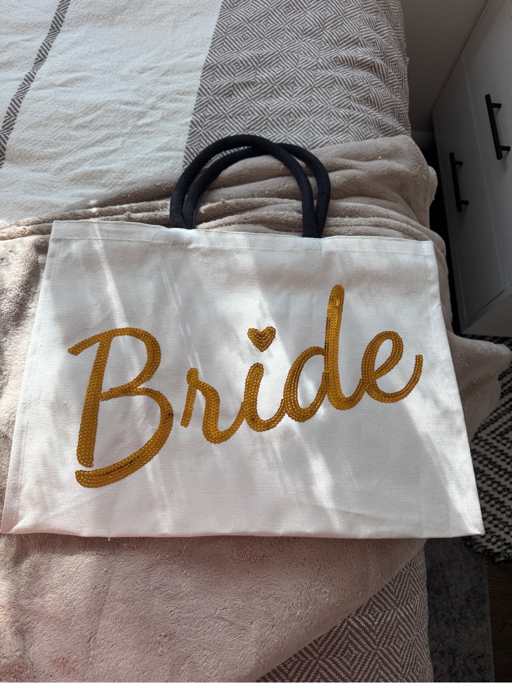 Bride Sequin Canvas Tote Bag in White and Gold